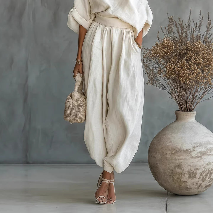 Damen Leinen-Set mit One-Shoulder-Oberteil und weiten Haremshosen Drune