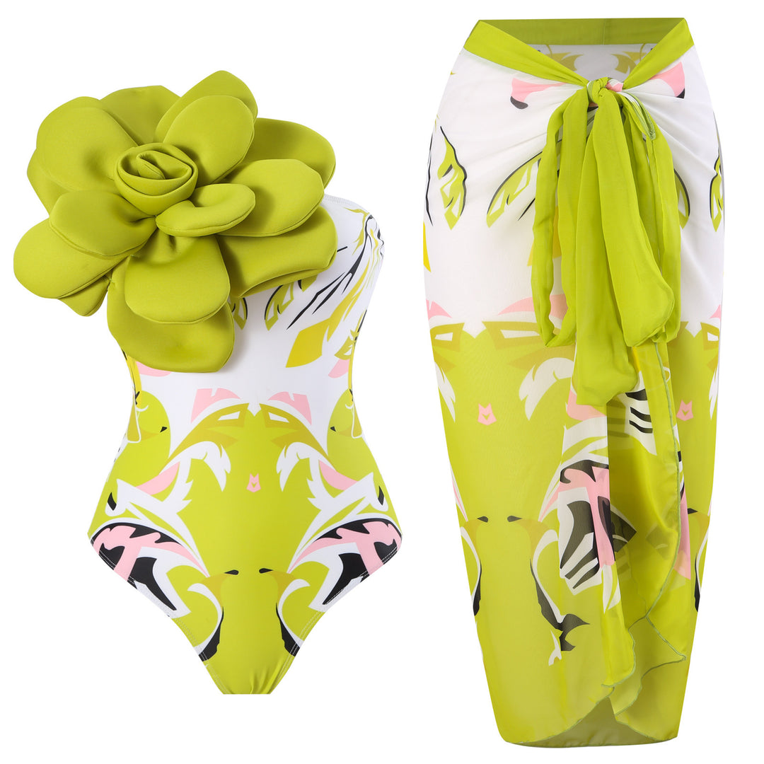 Damen Eleganter Badeanzug mit großem Blumen-Detail und transparentem Überrock Drune