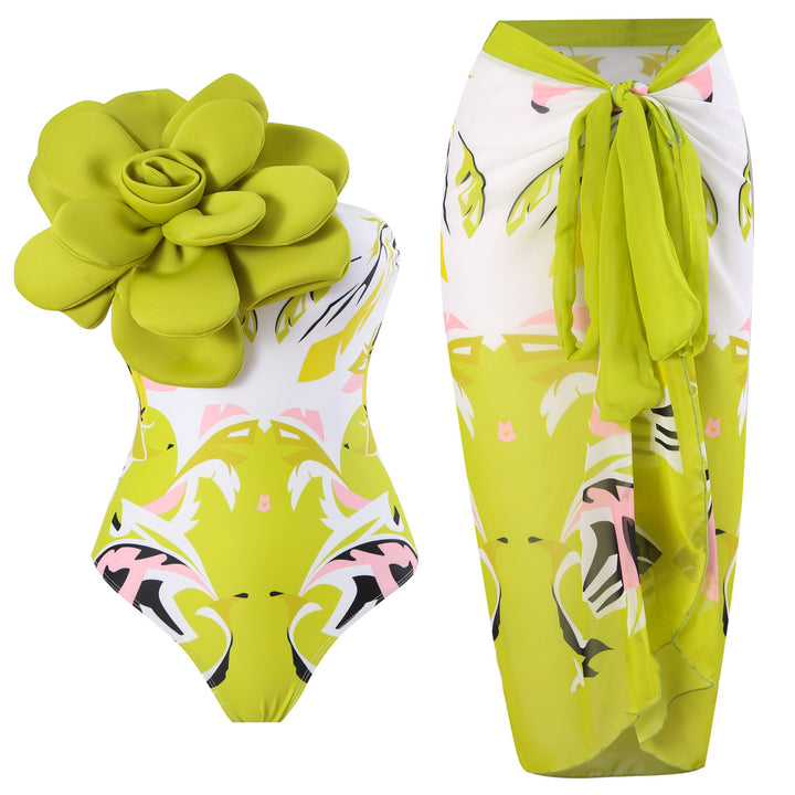 Damen Eleganter Badeanzug mit großem Blumen-Detail und transparentem Überrock Drune