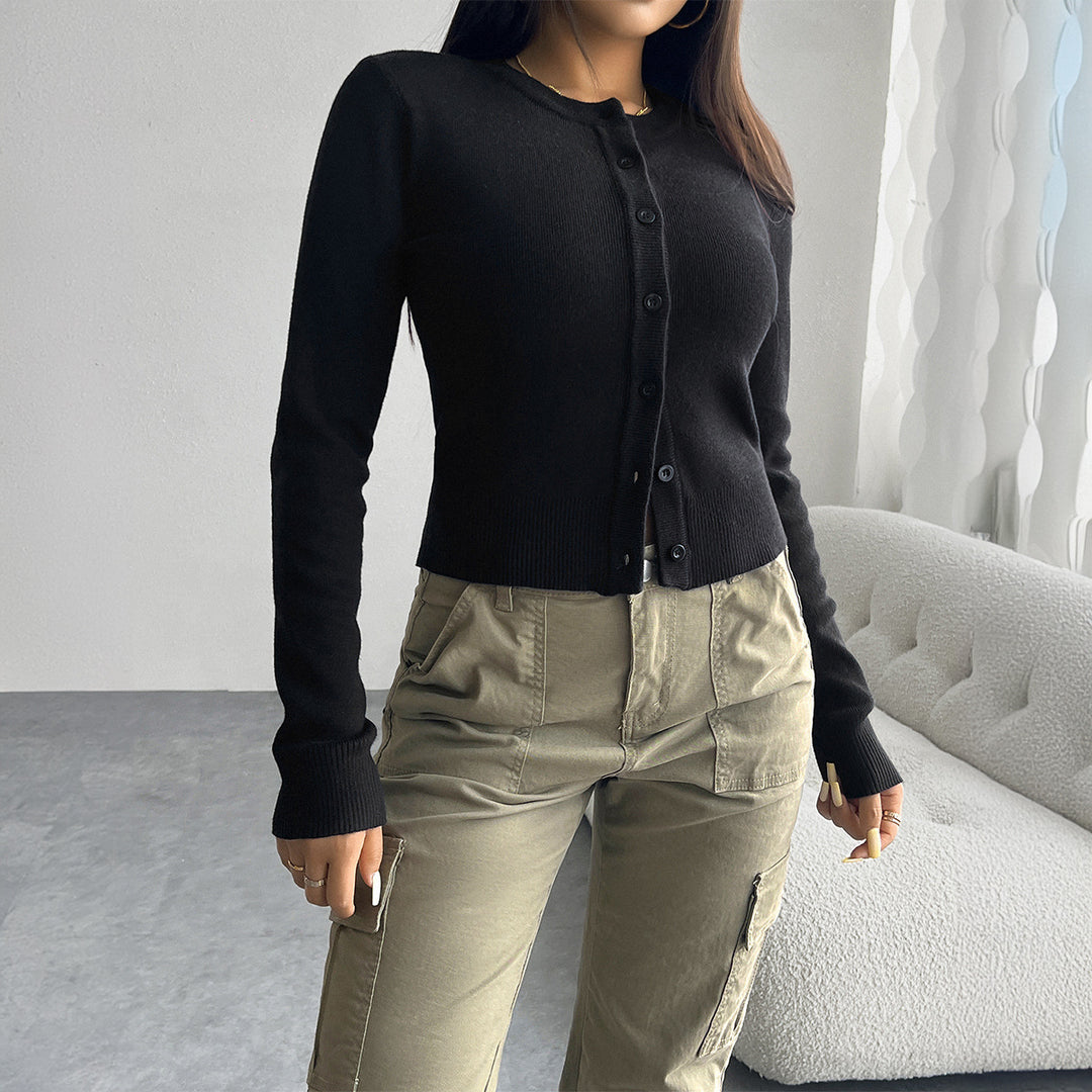 Damen nan taillierter Feinstrick-Cardigan mit Rundhals und Zierknopfleiste Drune