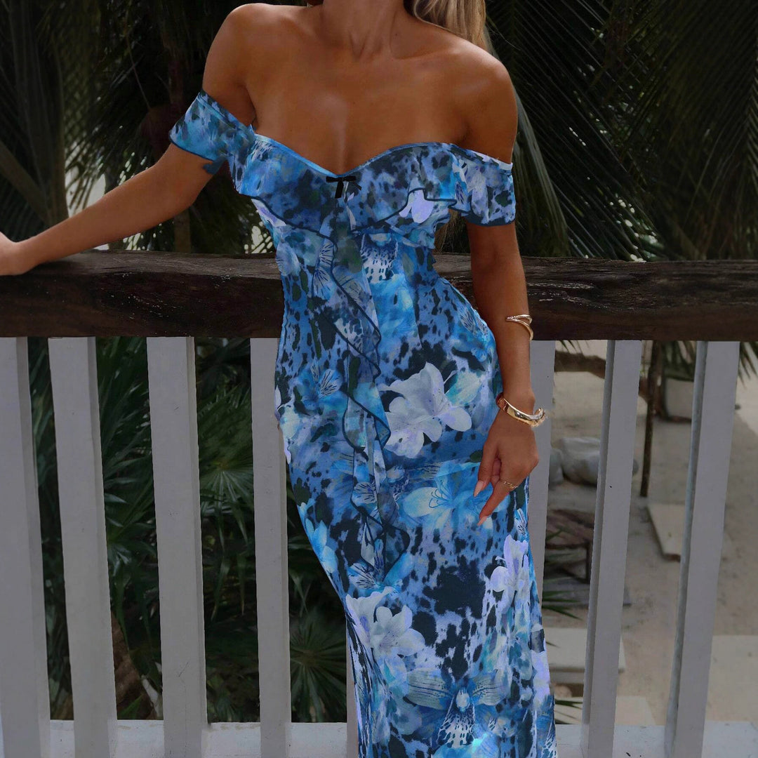 Damen Off-Shoulder Maxikleid mit floralem Muster und Rüschendetails Drune