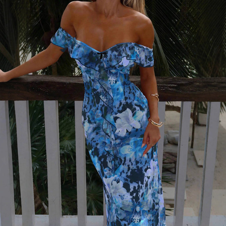 Damen Off-Shoulder Maxikleid mit floralem Muster und Rüschendetails Drune