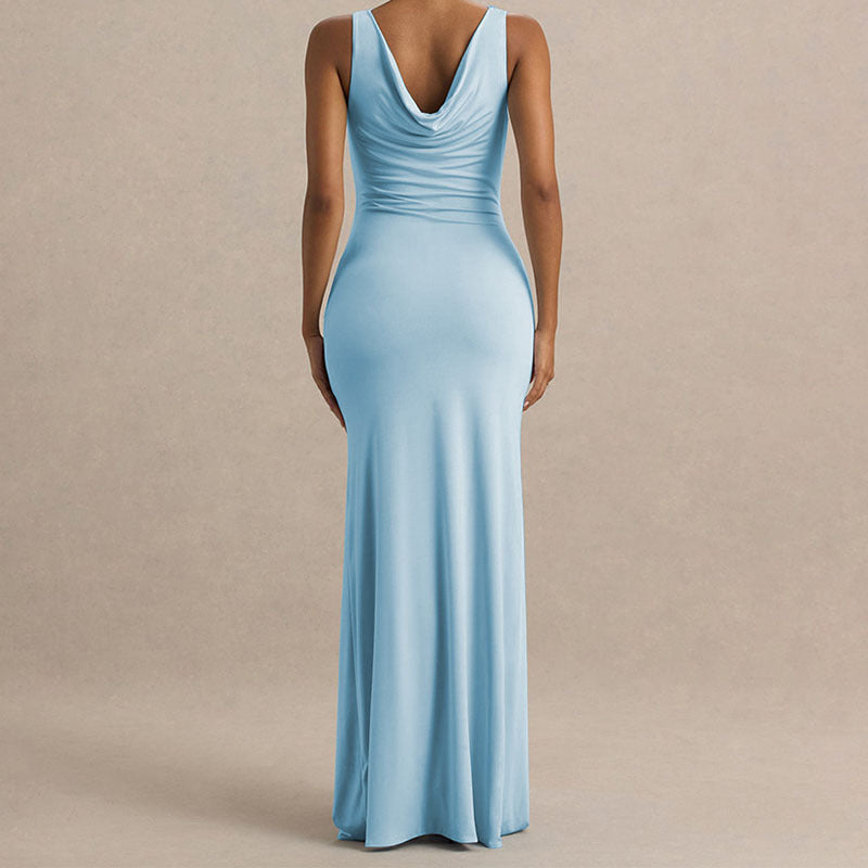 Damen Elegantes Maxikleid mit tiefem V-Ausschnitt und seitlicher Raffung Drune