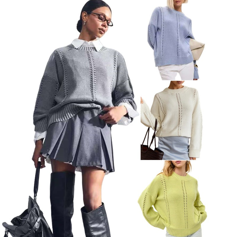 Damen Oversized Strickpullover mit feinem Ajourmuster und breitem Rippabschluss Drune