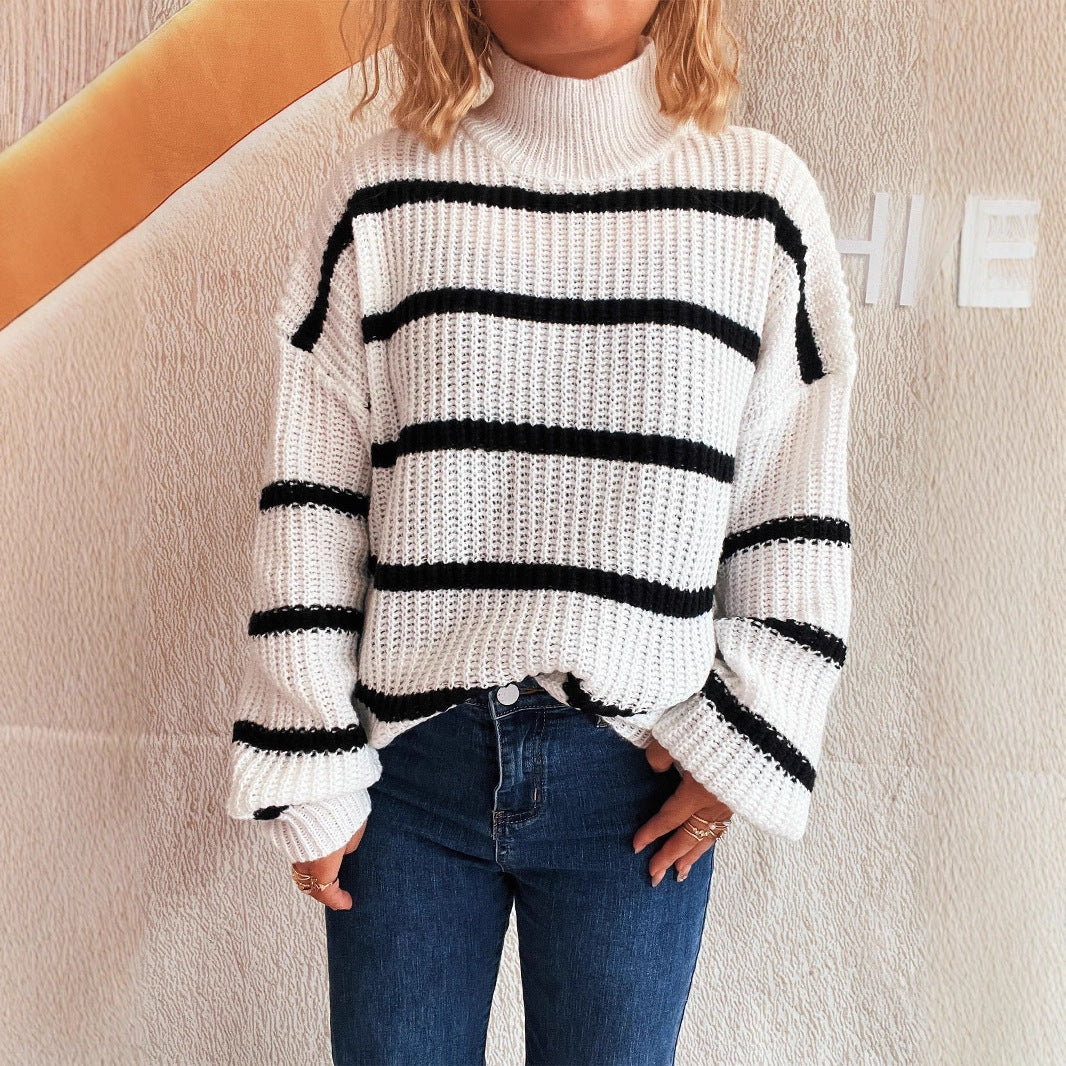 Damen modischer Grobstrickpullover mit Rollkragen und Streifenmuster Drune