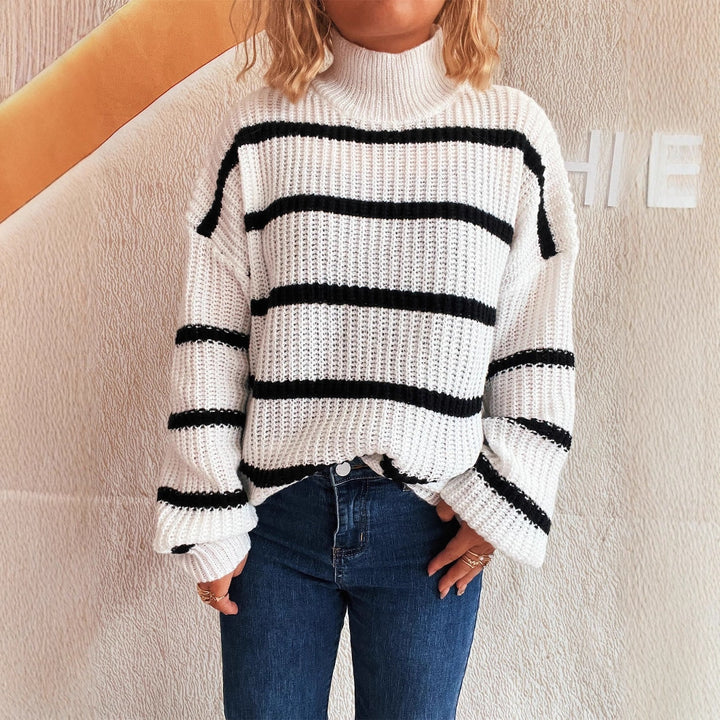 Damen modischer Grobstrickpullover mit Rollkragen und Streifenmuster Drune