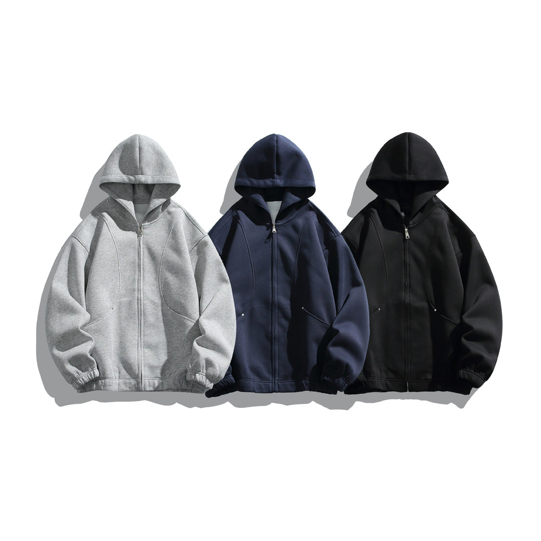 Unisex Kapuzenjacke mit durchgehendem Reißverschluss, strukturierter Neopren‑Optik und Kugelfalten-Details Drune