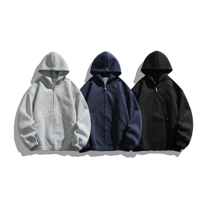 Unisex Kapuzenjacke mit durchgehendem Reißverschluss, strukturierter Neopren‑Optik und Kugelfalten-Details Drune