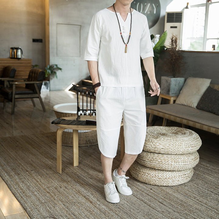Herren Leichtes Leinen-Relax-Set mit dreiviertelärmeliger Tunika und verkürzter Culotte-Hose Drune