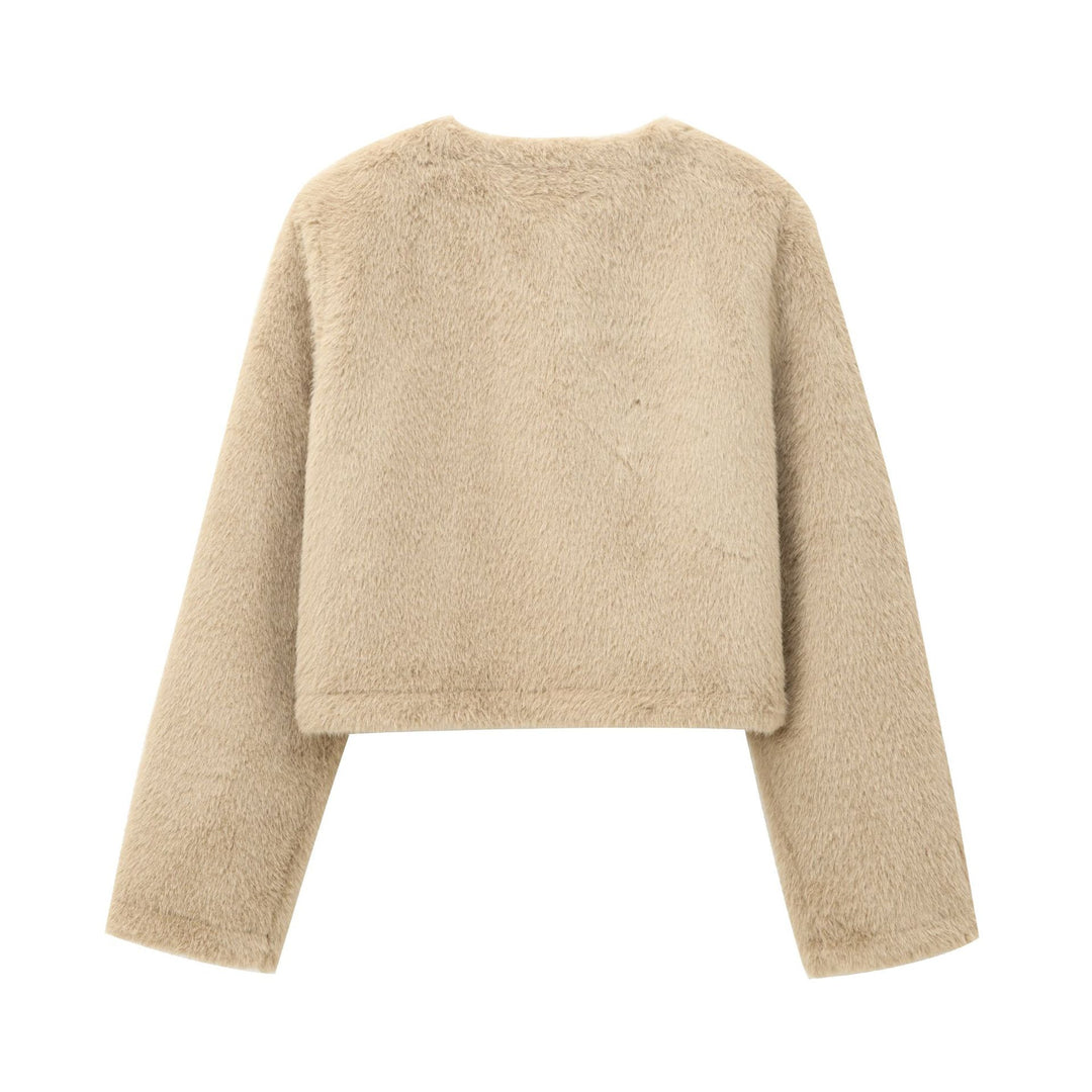 Damen nan kurz geschnittene Teddyjacke mit Rundhalsausschnitt Knopfleiste und aufgesetzten Taschen Drune