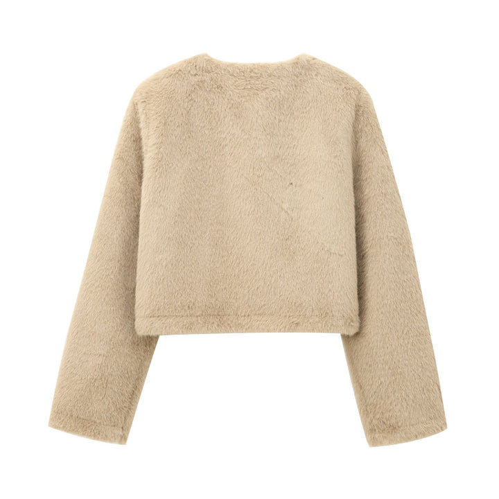 Damen nan kurz geschnittene Teddyjacke mit Rundhalsausschnitt Knopfleiste und aufgesetzten Taschen Drune