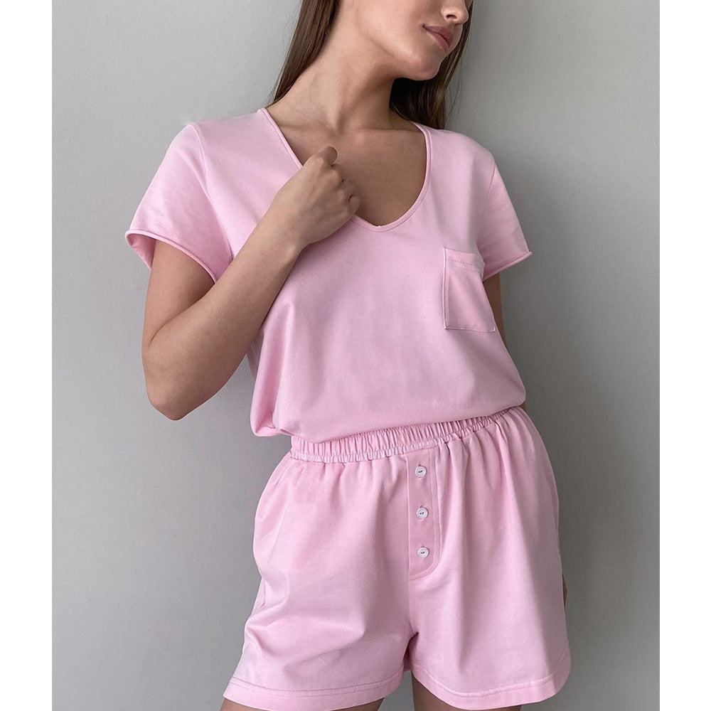 Damen Bequemes Loungewear-Set aus Baumwolle mit V-Ausschnitt Drune