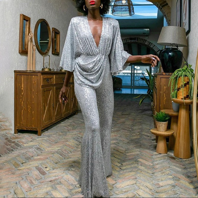Damen Glitzerndes Jumpsuit mit weiterem Ärmel und tiefem V-Ausschnitt Drune
