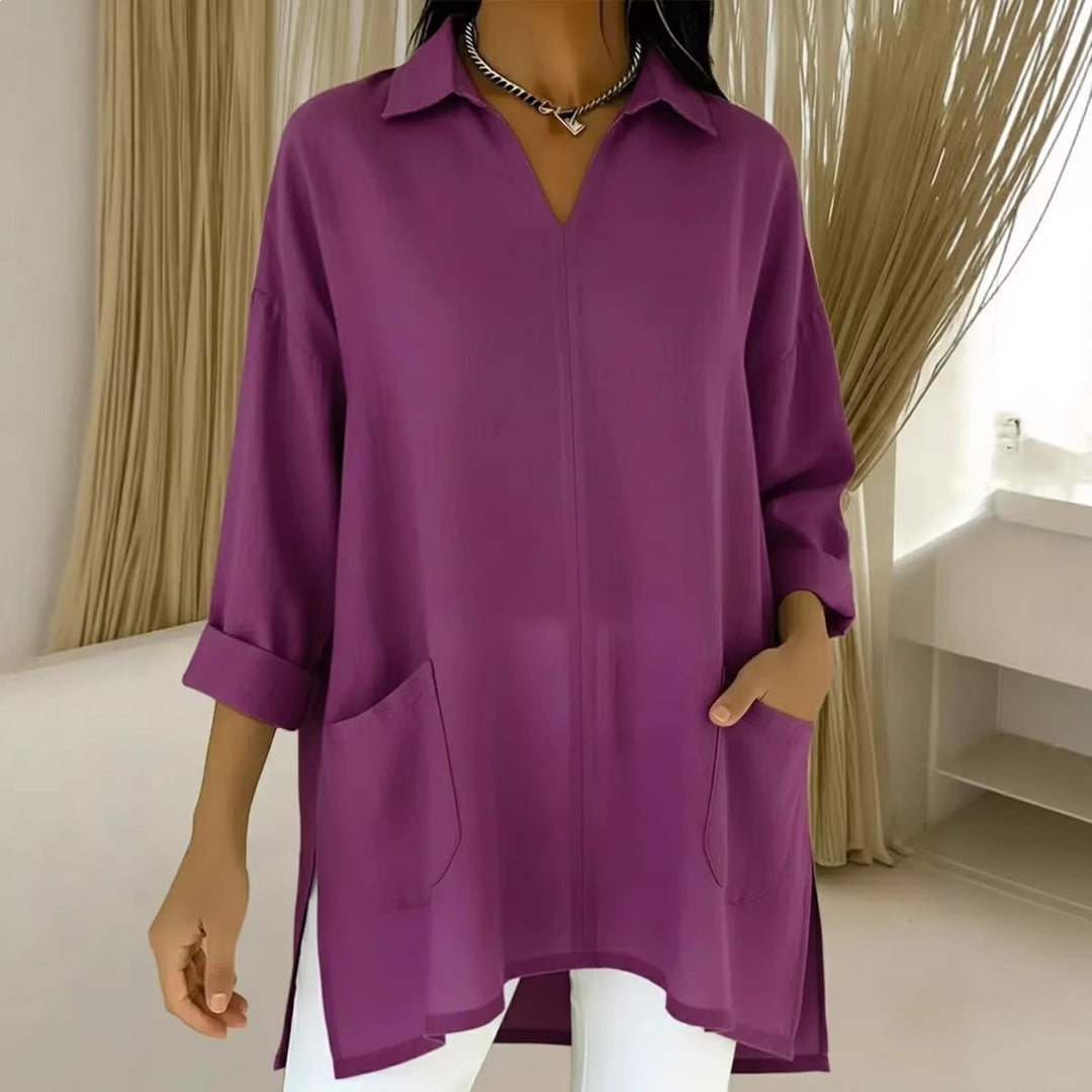 Damen Oversize-Tunika mit Hemdkragen, V-Ausschnitt und aufgesetzten Taschen Drune