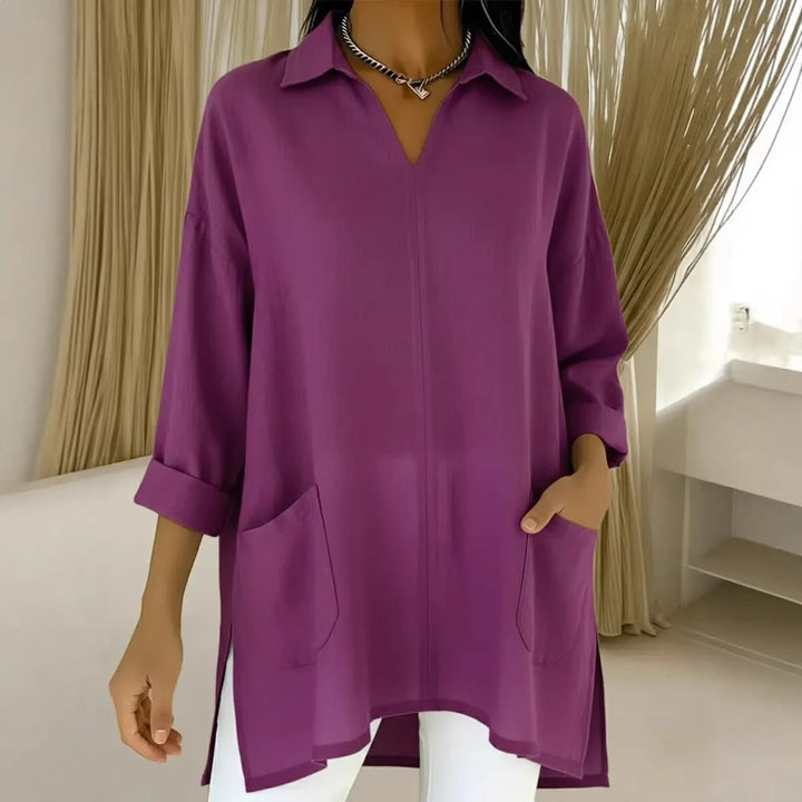 Damen Oversize-Tunika mit Hemdkragen, V-Ausschnitt und aufgesetzten Taschen Drune