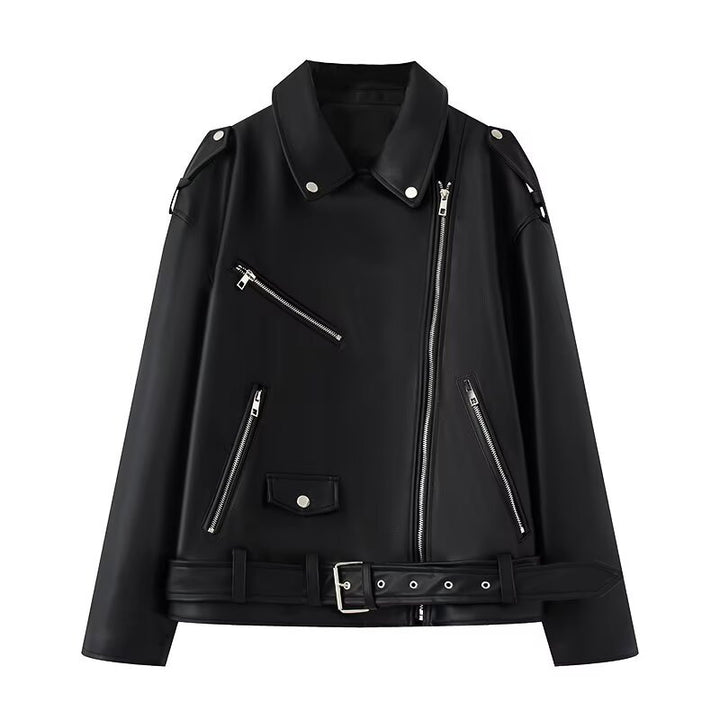 Damen Kunstleder Bikerjacke mit praktischen Reißverschlusstaschen und Gürtel Drune