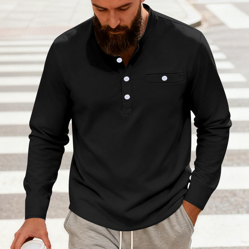 Herren Lässiges Henley-Langarmshirt mit Stehkragen, Brusttasche und abgerundetem Saum Drune