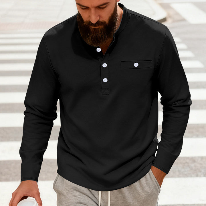 Herren Lässiges Henley-Langarmshirt mit Stehkragen, Brusttasche und abgerundetem Saum Drune