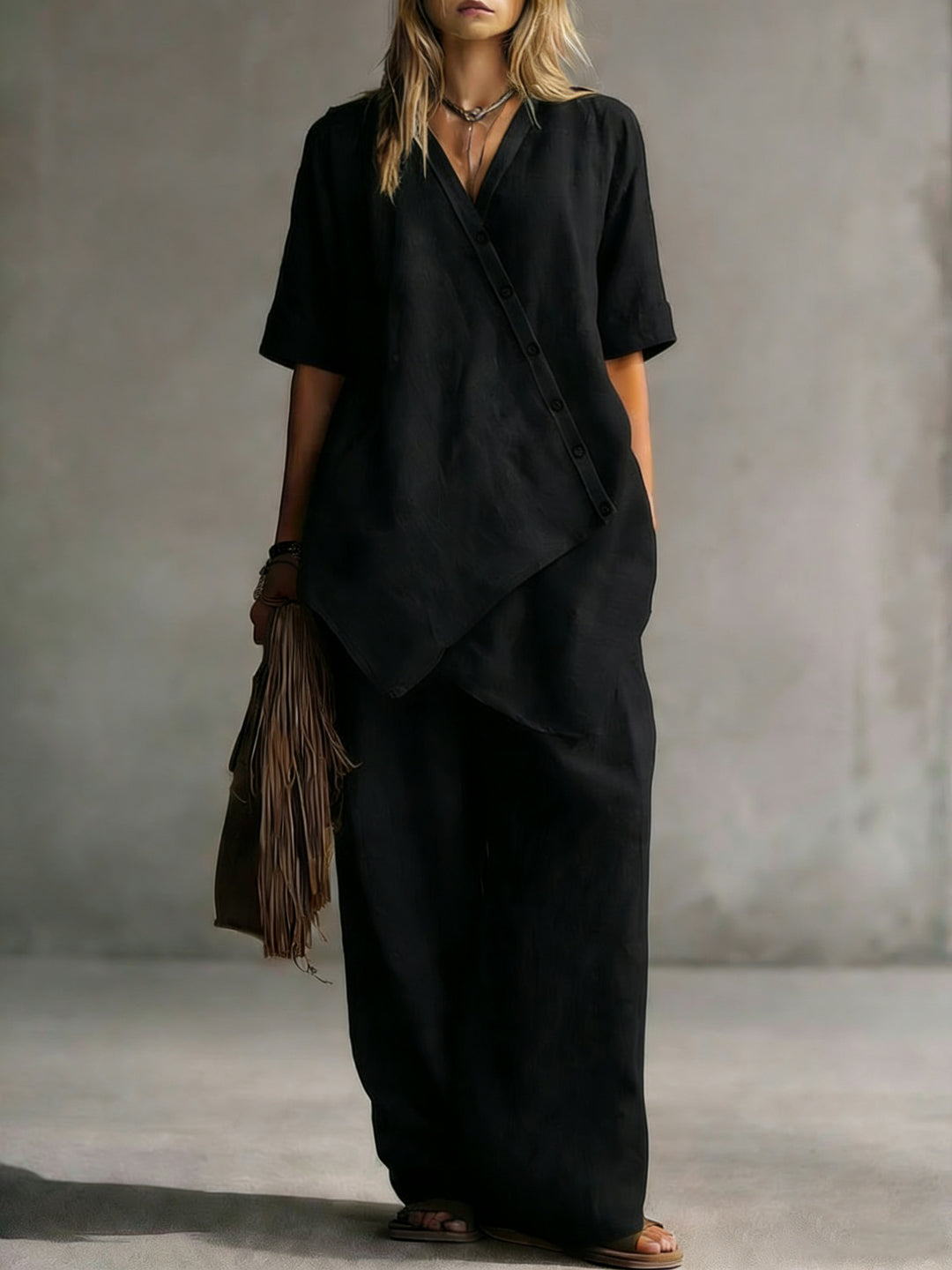Damen Leinen-Zweiteiler mit asymmetrischer Knopfleiste und weiter Palazzo-Hose Drune