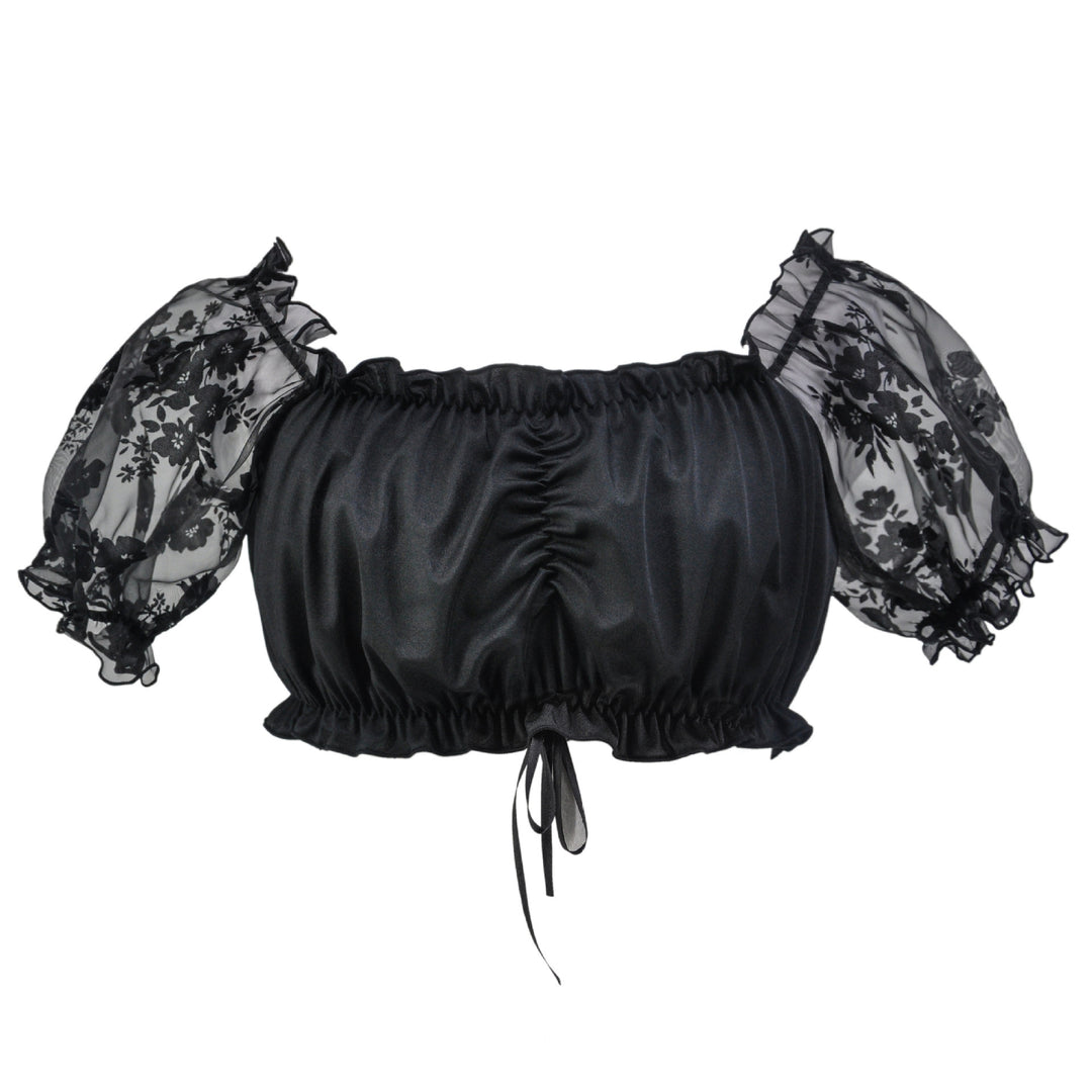 Damen nan Carmen-Dirndlbluse kurz mit geraffter Vorderpartie elastischem Saum und transparenten Puffärmeln Drune