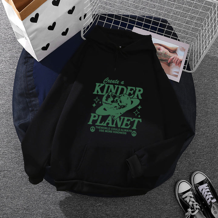 Unisex nan oversized Kapuzenpullover mit Statement-Print "Kinder Planet", Kängurutasche und weichem Futter Drune