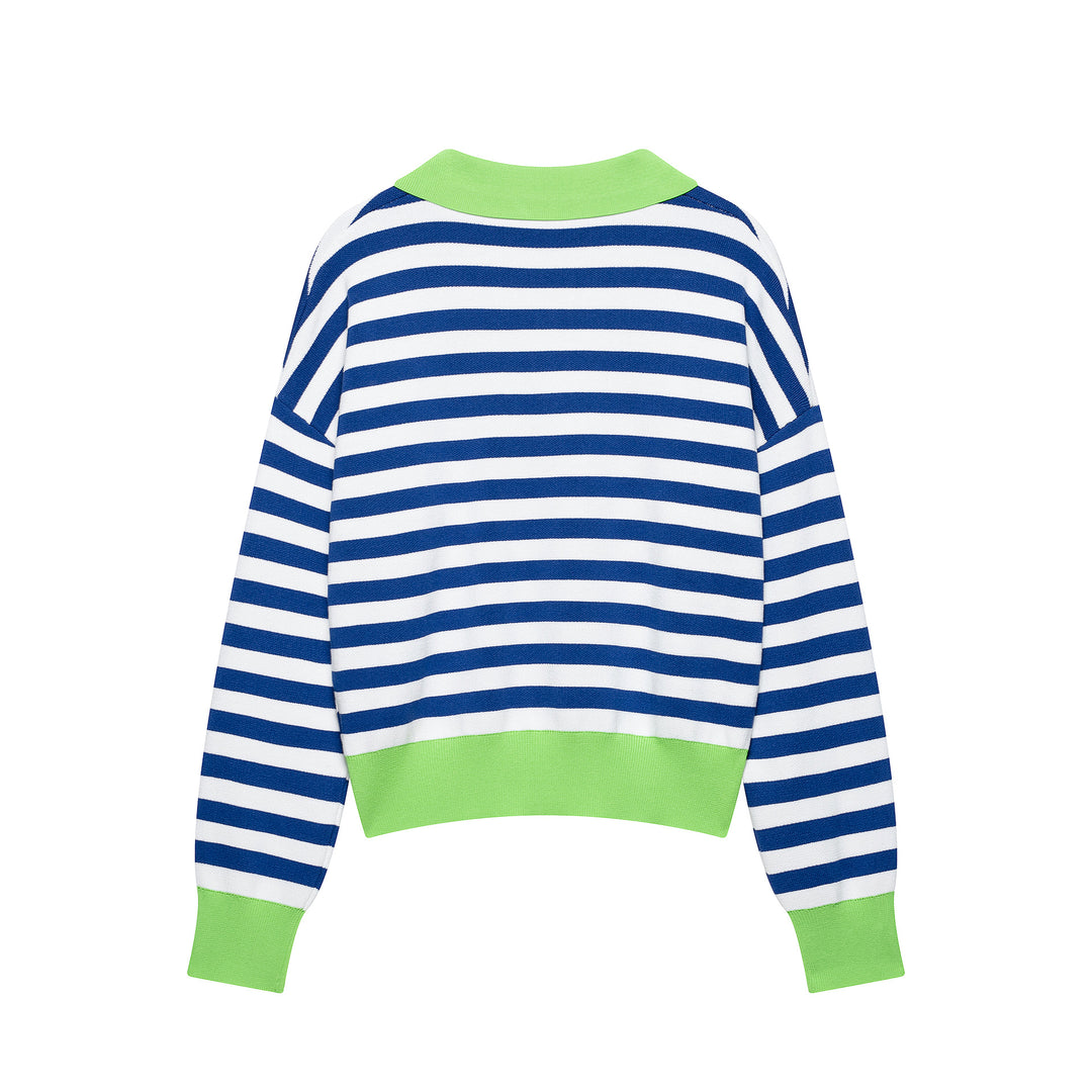 Damen Gestreifter Cropped‑Polo‑Pullover aus Feinstrick mit Ballonärmeln Drune