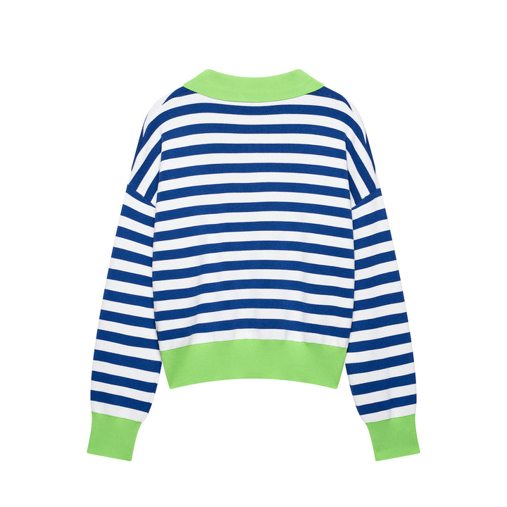 Damen Gestreifter Cropped‑Polo‑Pullover aus Feinstrick mit Ballonärmeln Drune