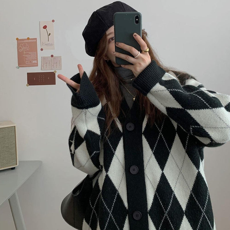 Damen Strickjacke mit Rauten-Design und knöpfen Drune