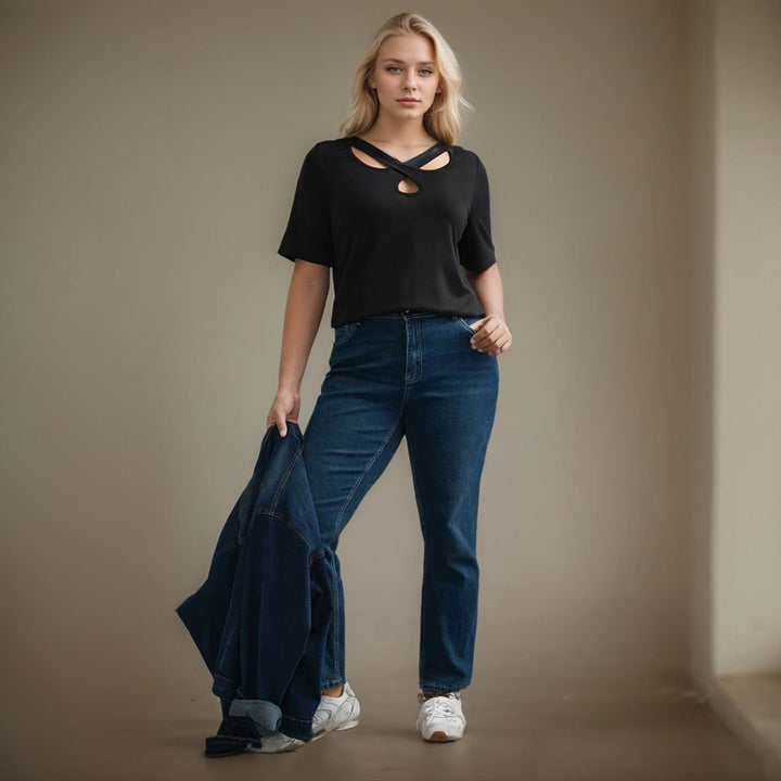 Damen Kurzarmshirt mit Kreuz-Ausschnitt Drune