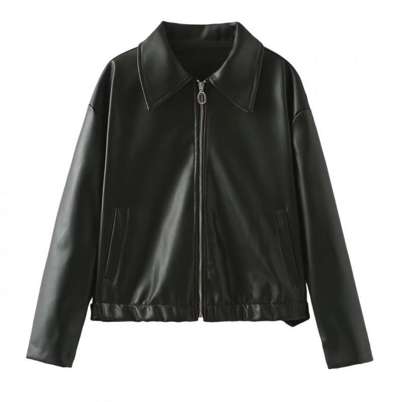 Damen modische Kunstlederjacke mit schlichter Eleganz und praktischen Taschen Drune