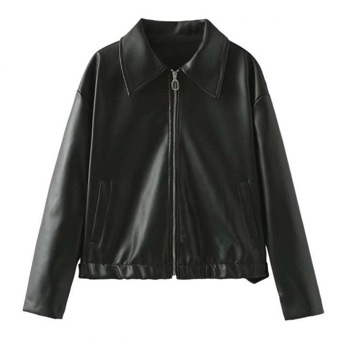 Damen modische Kunstlederjacke mit schlichter Eleganz und praktischen Taschen Drune