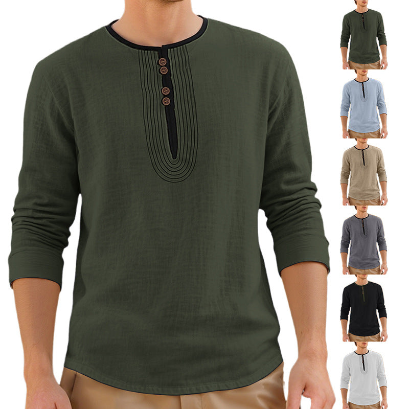 Herren nan lässiges Leinenmix-Langarmshirt mit dekorativer Knopfleiste und Ziersteppung Drune