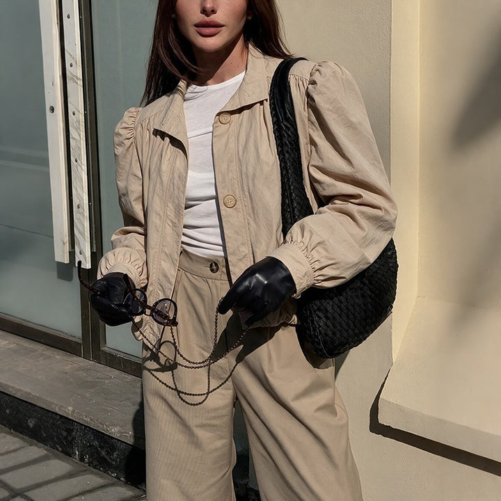 Damen Leichte Kurzjacke mit Ballonärmeln, Puffschultern & Gummizugsaum Drune