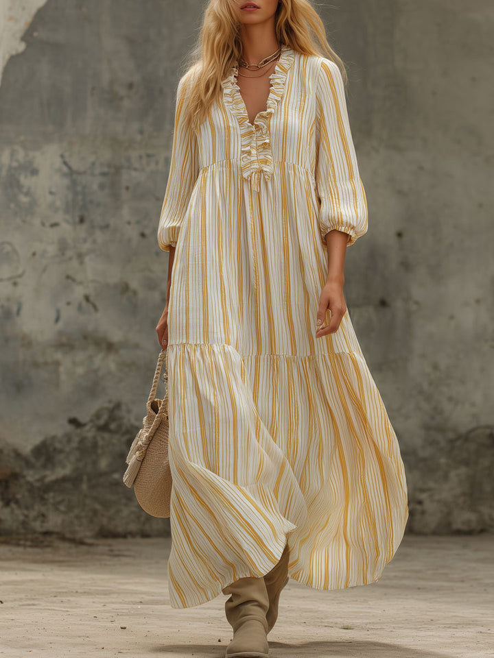 Damen Maxikleid mit Rüschen-V-Ausschnitt und Ballonärmeln Drune