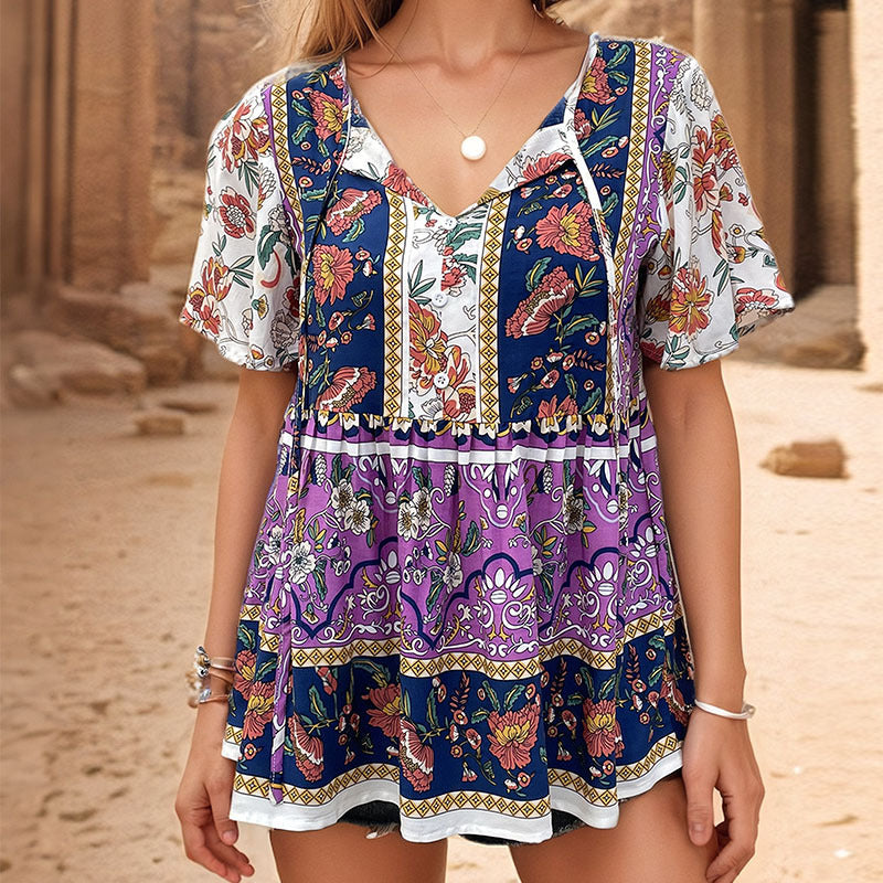 Damen Tunika mit V-Ausschnitt und floralem Patchwork-Design Drune
