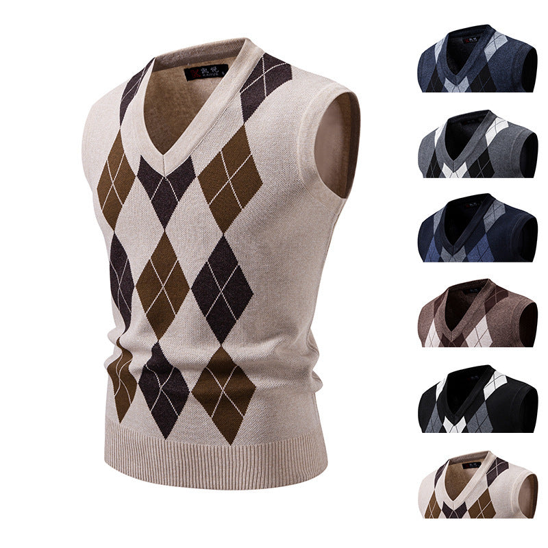Herren ärmellose Strickweste mit klassischem Rautenmuster Drune