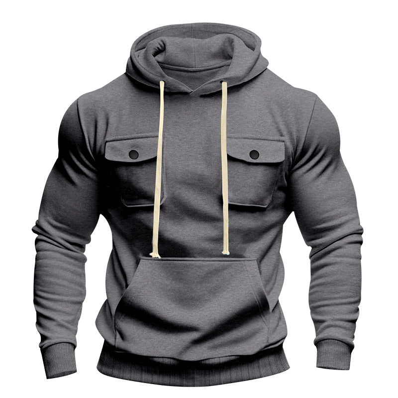 Herren nan urbaner Kapuzenpullover mit Brustklappen, Kängurutasche und athletischem Schnitt Drune