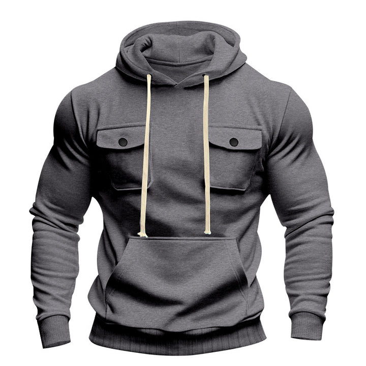 Herren nan urbaner Kapuzenpullover mit Brustklappen, Kängurutasche und athletischem Schnitt Drune