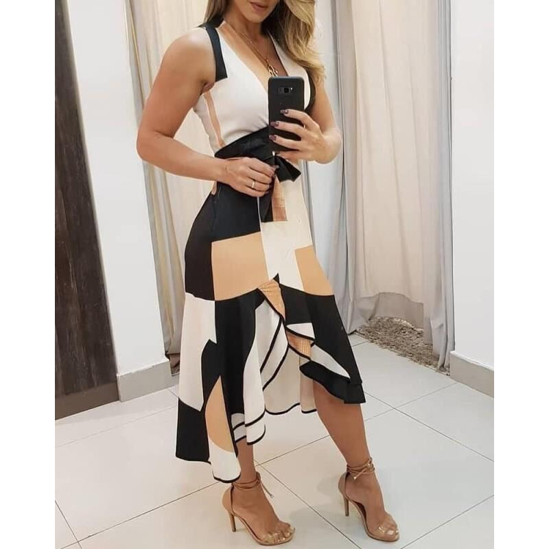 Damen Wickelkleid mit modernem grafischem Muster und Gürteldetail Drune