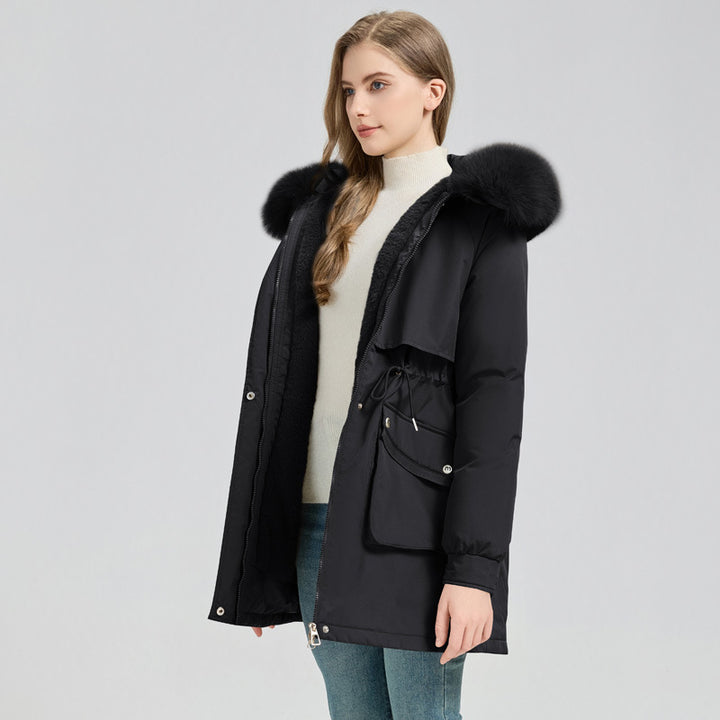 Damen Midilanger Thermoparka mit Teddy-Innenfutter, abnehmbarem Kunstpelzkragen und Taillenregulierung Drune