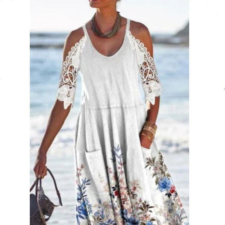 Damen nan fließendes Maxikleid mit Schulterausschnitten Häkelspitzenärmeln A‑Linien‑Schnitt und Eingrifftaschen Drune