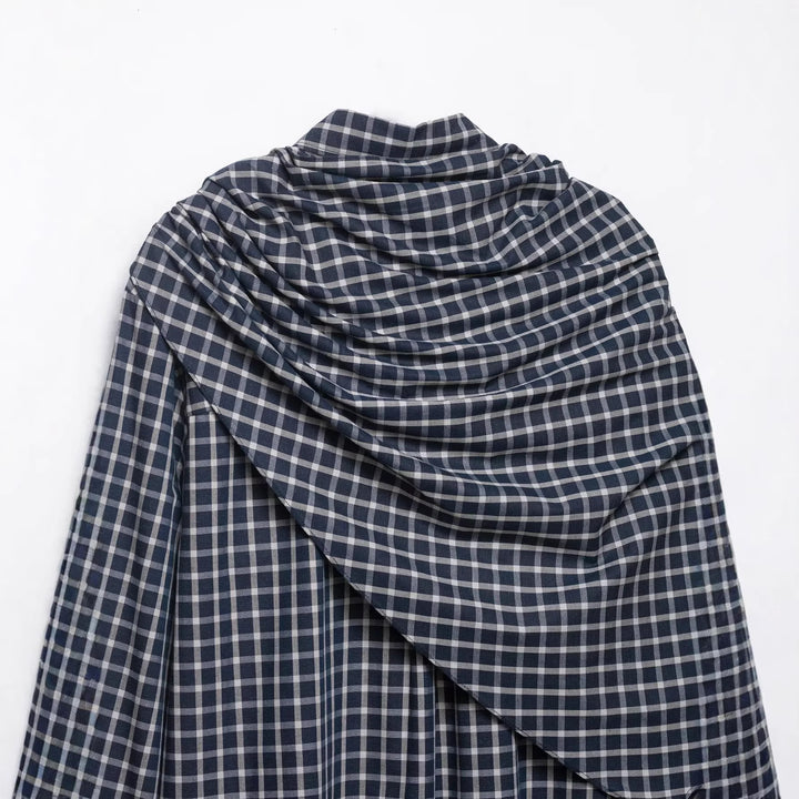 Damen Karierte Bluse mit asymmetrischem Schal‑Drapé und Hemdkragen Drune