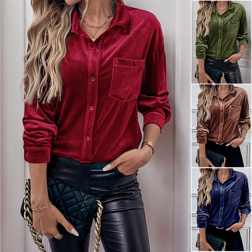 Damen Velours-Hemdbluse mit Brusttasche und klassischem Kragen Drune