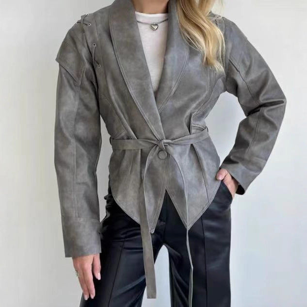Damen elegante Wickeljacke aus Kunstleder mit dekorativen Details Drune