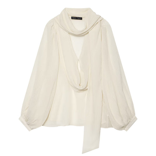 Damen Drapierte Chiffonbluse mit Wasserfall‑Schalkragen und Ballonärmeln Drune