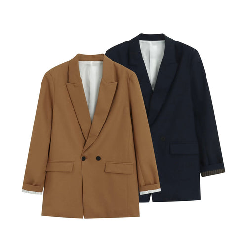 Damen Doppelreihiger Longblazer mit aufgesetzten Taschen und Umschlagärmeln Drune