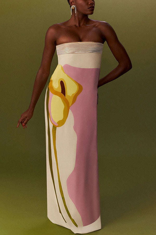Damen Maxikleid mit trendigen grafischen Designs und schulterfreiem Schnitt Drune