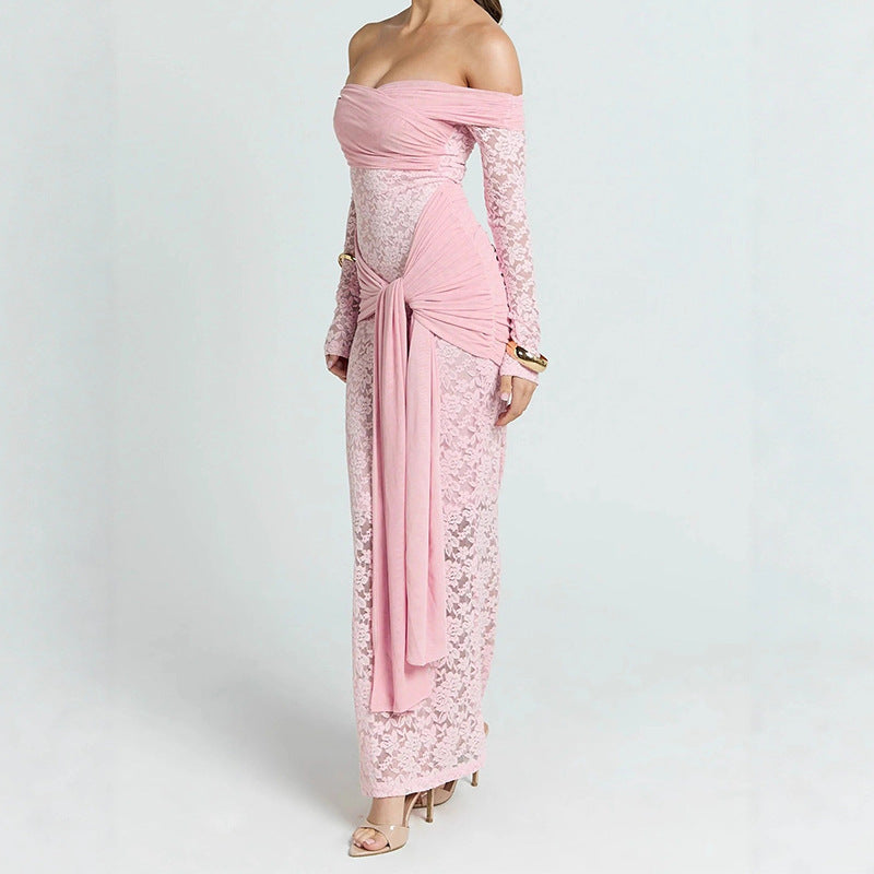 Damen Elegantes Spitzenkleid mit Off-Shoulder-Ausschnitt und Drapierungen Drune
