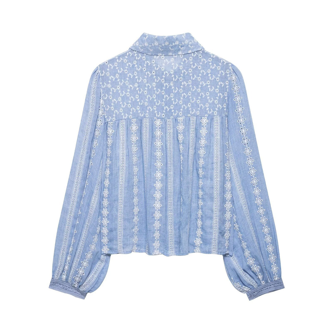 Damen Locker geschnittene Stickerei-Hemdbluse mit Broderie-Details, Knopfleiste und voluminösen Ballonärmeln Drune
