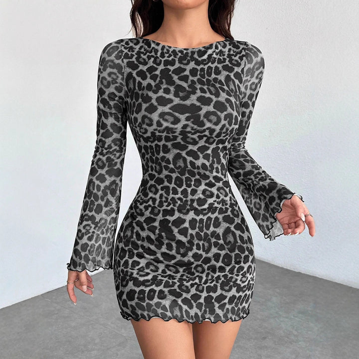 Damen Figurbetontes Mesh-Minikleid mit Leo-Print und Langarm Drune